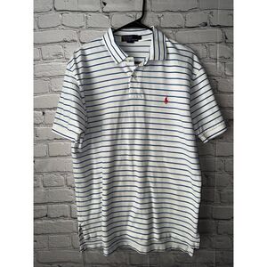 Men's Polo By Ralph Lauren White/Blue Striped Short Sleeve Polo Size Large